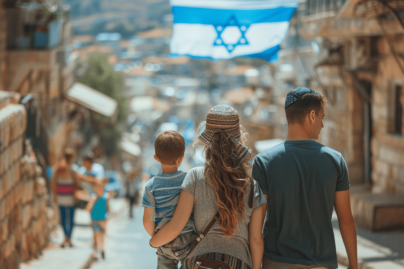 Новые репатрианты в Иерусалиме, флаг Израиля на фоне